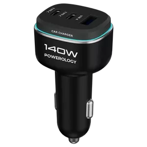 شارژر فندکی پاورولوژی ۱۴۰ وات، Powerology 140W Triple-Port Car Charger، شارژر فندکی USB-C و USB-A، شارژ سریع خودرو، شارژر ماشین چند پورت PCCSR025BKGYC