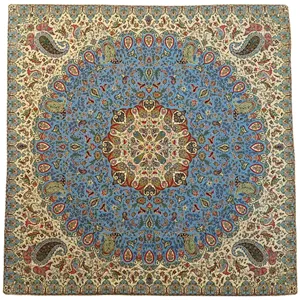 رومیزی مربع ترمه ابریشم کد TRM216 نفیس رنگ فیروزه ای آستر آبی لبه مغزی دوزی