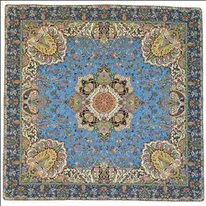 رومیزی مربع ترمه نفیس ابریشم کد TRM۲۶۰ رنگ آبی آستر آبی لبه مغزی دوزی