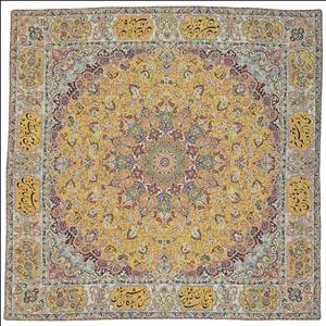 رومیزی مربع ترمه نفیس ابریشم کد TRM۲۶۳ رنگ زرد آستر کرم لبه مغزی دوزی