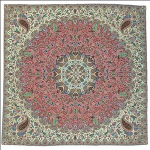 رومیزی مربع ترمه نفیس ابریشم کد TRM۲۶۵ رنگ گلبهی آستر کرم لبه مغزی دوزی