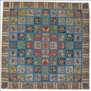 رومیزی مربع ترمه نفیس ابریشم کد TRM۲۶۸ رنگ آبی آستر آبی لبه مغزی دوزی