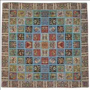 رومیزی مربع ترمه نفیس ابریشم کد TRM۲۷۰ رنگ سبزآبی آستر آبی لبه مغزی دوزی