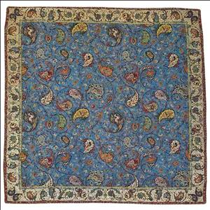 رومیزی مربع ترمه نفیس ابریشم کد TRM۲۸۰ رنگ آبی آستر آبی لبه مغزی دوزی