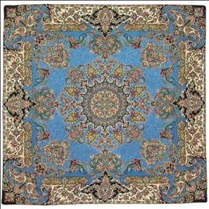 رومیزی مربع ترمه نفیس ابریشم کد TRM۲۹۵ رنگ آبی آستر آبی لبه مغزی دوزی