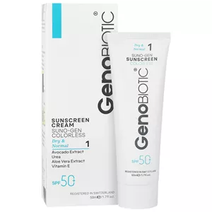 کرم ضد آفتاب بدون رنگ ژنوبایوتیک SPF 50 مدل 388 ‌مناسب پوست‌های خشک و معمولی حجم 50 میلی‌لیتر