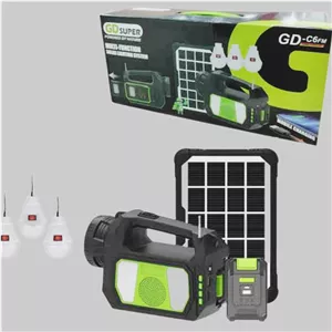 پکیج خورشیدی چندکاره GDSUPER مدل GD-C6FM با پنل خورشیدی، پاوربانک، و چراغ قوه