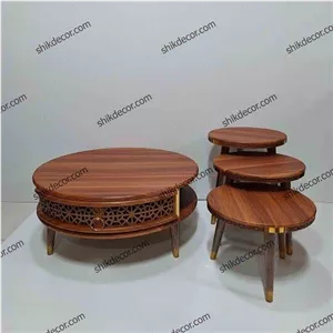 میز جلو مبلی MDF طرح گرد به همراه سه عسلی رنگ قهوه ای