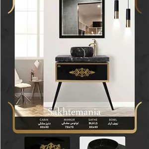 روشویی کابینتی کلاسیک دنیز مشکی طلاییآینه مربع ۷۰×۷۰، کاسه سنگ نجف‌آباد