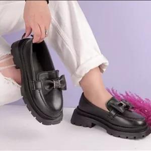 کالج پاپیونی شیک لژدار مشکی چرم زنانه دخترانه کفش لوفر طبی ( 9032 )