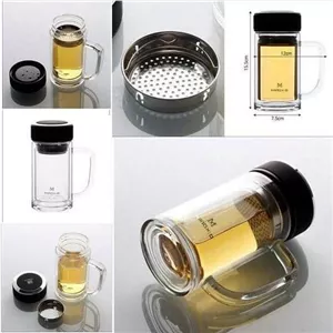 ماگ دمنوش دوجداره صافی‌دار پیرکس درب استیل | لیوان دمنوش‌ساز شیشه‌ای ۴۰۰ میلی‌لیتر