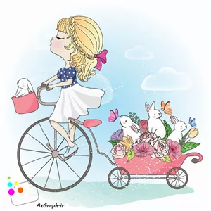 وکتور کودکانه دختر دوچرخه سوار و سبد خرگوش-کد 3233