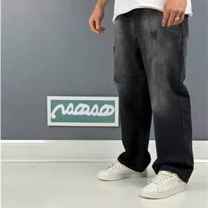 شلوار جین مردانه فول بگ ذغالی زاپ دار خاص کد 2048116