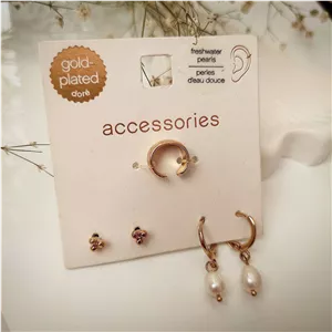 پک گوشواره آبکاری طلا با مروارید پرورشی و ایرکاف حلقه ای و گلگوش مینیمال خاص