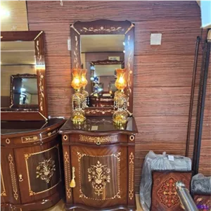 آینه و کنسول تک درب معرق مات چوبی مبلمان نارنجی مدل 524264
