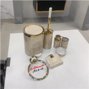 ست 7 پارچه سرویس بهداشتی هارمونی مدل روشا طرح بتن طلایی درب پدالی و بادبزنی مبلمان نارنجی مدل 524313