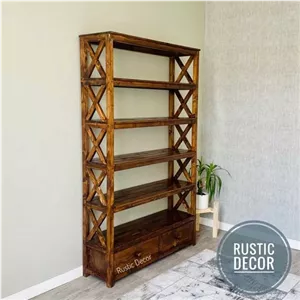 کتابخانه چوبی روستیک دکور مدل کلاسیک مبلمان نارنجی مدل 520530