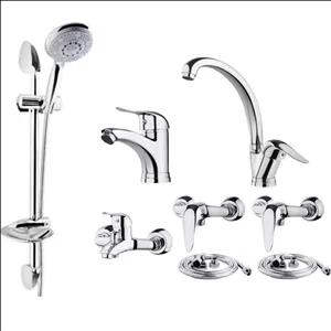 ست شیرآلات اهرمی استاندارد رویال کروم مجموعه 8 عددی به همراه علم دوش حمام و شلنگ سرویس بهداشتی مبلمان نارنجی مدل 528236