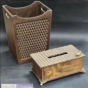 سطل زباله و جای دستمال چوب گردو طرح لوزی گنجشکی مبلمان نارنجی مدل 525279