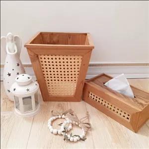 سطل و جادستمال حصیری سطل و جادستمال چوبی حصیری ست سطل و دستمال سطل زباله سطل آشغالی جادستمال کاغذی چوبی مبلمان نارنجی مدل 525269