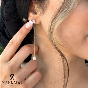 گوشواره میخی طلا فلاور و آویز زنجیری مروارید کد E5488 