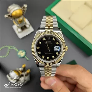 ساعت رولکس دیت جاست مردانه طلایی نقره ای بند جوبیلی صفحه مشکی ایندکس نگین