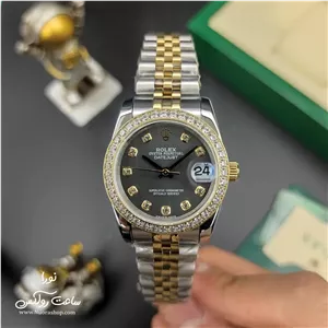 ساعت مچی رولکس دیت جاست نقره ای طلایی صفحه خاکستری نگین دار