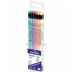 مداد مشکی پرمیوم ذغالی دولفین درجه سختی نوک HB بسته 12 عددی نسخه اورجینال وارداتی Premium Quality Pencil For WritinG DrawinG Snd SketchinG HiGh Break Resistance Extra Smooth WritinG ErGonomic TrianGle Shape With Eraser