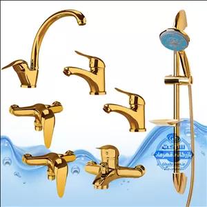 ست ۷ عددی شیرآلات برند آیدا صنعت مدل قهرمان اردکی | شیر ظرفشوییدو عدد روشوییحمامتوالتعلم دوش یونیکاشلنگ توالت | طلایی براق
