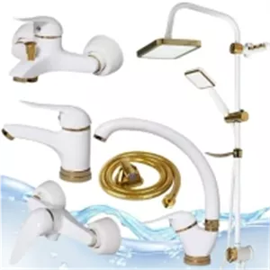 مجموعه 6تکه شیرالات دنیز سفید طلایی به همراه علم دوش رسوبگیر اتومات