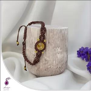 دستبند سنگ سیترین با بافت مکرومه قهوه ای کد B122