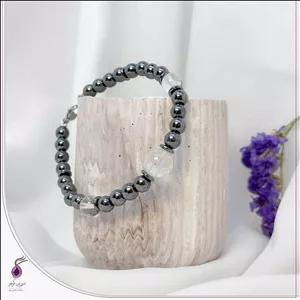 دستبند سنگ حدید و کوارتز شفاف گوی کد B177