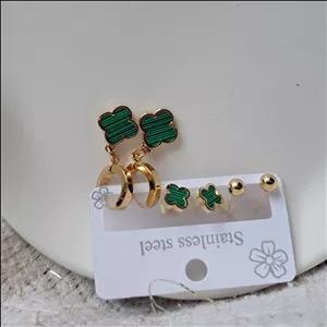 پک گوشواره طلایی گل سبز ونکیلیفی سه عددی استیل کد GO00108 