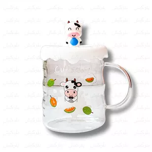 ماگ شیشه ‌ای درب‌ دار فانتزی طرح گاو (مدرج)