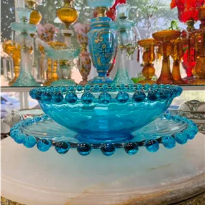 کاسه و بشقاب (قاب و قدح) مدل تیله ای رنگ آبی