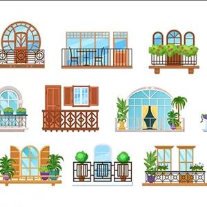 وکتور مجموعه پنجره و بالکن خانه با گل و گیاه