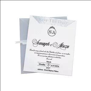 کارت عروسی کالکی با پنجره مثلثی از بالا و روبان سفید 450