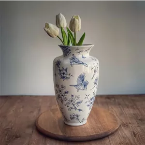 گلدان سرامیکی طرح پرنده و گل با نقوش آبی