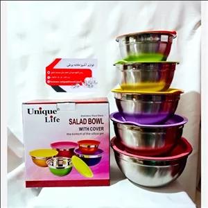 کاسه استیل 5 تیکه درب دار درب رنگی برند یونیک حک شده ضد زنگ و سیاه شدن مبلمونسرا مدل 291814