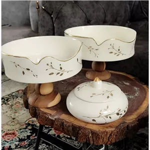 ،میوه خوری سرامیکی پایه چوبی شاخه طلایی،اجیل خوری سرامیکی پایه چوبی،خوشه طلا مبلمونسرا مدل 265035 