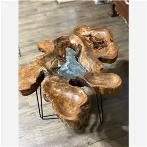ظرف پذیرایی اردو خوری پایه دار میز چوبی عسلی روستیک رزین دستساز گردو مبلمونسرا مدل 274357 