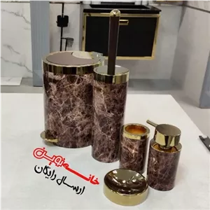 ست 5 پارچه سرویس بهداشتی بتیس مدل شاین رنگ ماربل قهوه ای طلای درب دوحالته پدالی و بادبزنی مبلمونسرا مدل 266548
