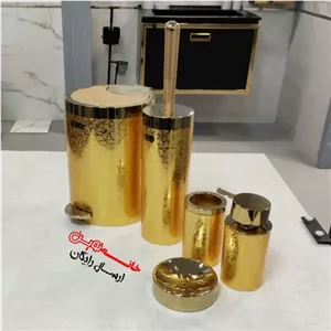 ست 5 پارچه سرویس بهداشتی بتیس مدل شاین رنگ طلایی براق درب دوحالته پدالی و بادبزنی مبلمونسرا مدل 266255