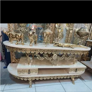 میز تلویزیون برنجی گل رز سایز 140ستون مجسمه بانو بغل خم کد 338 مبلمونسرا مدل 218888