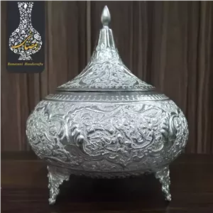 شکلات خوری قلمزنی پایه دار گل و مرغ اعلاء سفید قلم طرح نقره شماره 1 مبلمونسرا مدل 296760 