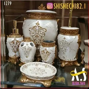 اکسسورام و دستشویی و ست سرویس بهداشتی سلطنتی آذین ست / رنگ سفید طرح سنگ با طلایی پتینه کاری شده / جنس رزین مبلمونسرا مدل 266002