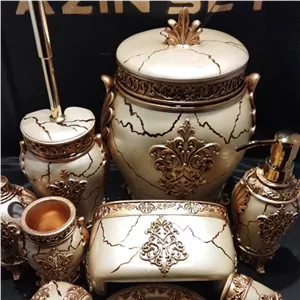 اکسسوری و ست سرویس بهداشتی سلطنتی 8 پارچه آذین ست/ رنگ جدید طرح سنگ با طلایی پتینه کاری شده مبلمونسرا مدل 266293