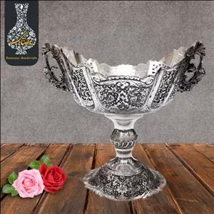 قلم زنی کشکول آجیل خوری کعب دار دسته دار قلم گل ومرغ اعلاء سیاه قلم طرح نقره شماره 1 مبلمونسرا مدل 265589