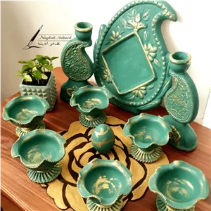 ست هفتسین فیروزه ای طلایی پتینه کاری، مبلمونسرا مدل 259315