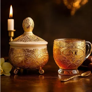 ست فنجان و قندان کریستال طلاکوب طرح ژاکلین رنگ کرم با طلاکاری اصل هلند سرویس 8 پارچه